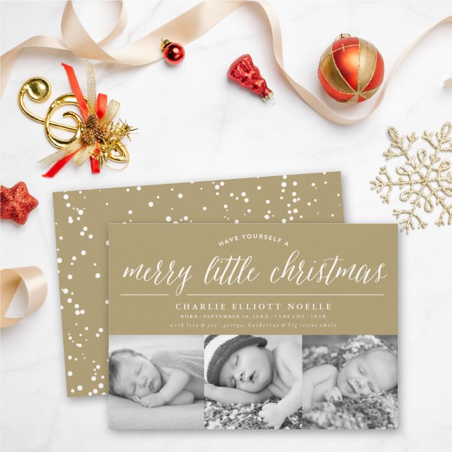 Merry Little Christmas 3 Photo Modern Baby Birth Holiday Card (Creator Uploaded)