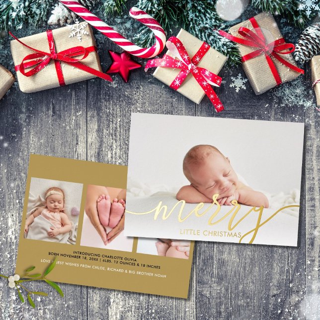 Merry Little Christmas 4 Photos Baby Birth Gold Foil Holiday Card (Creator Uploaded)