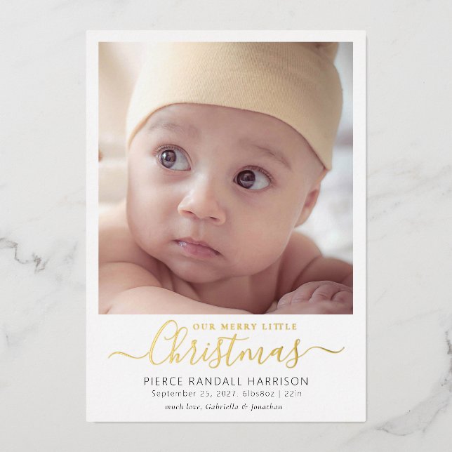 Merry Little Christmas Baby Photo Gold Foil Foil Holiday Card (Front)