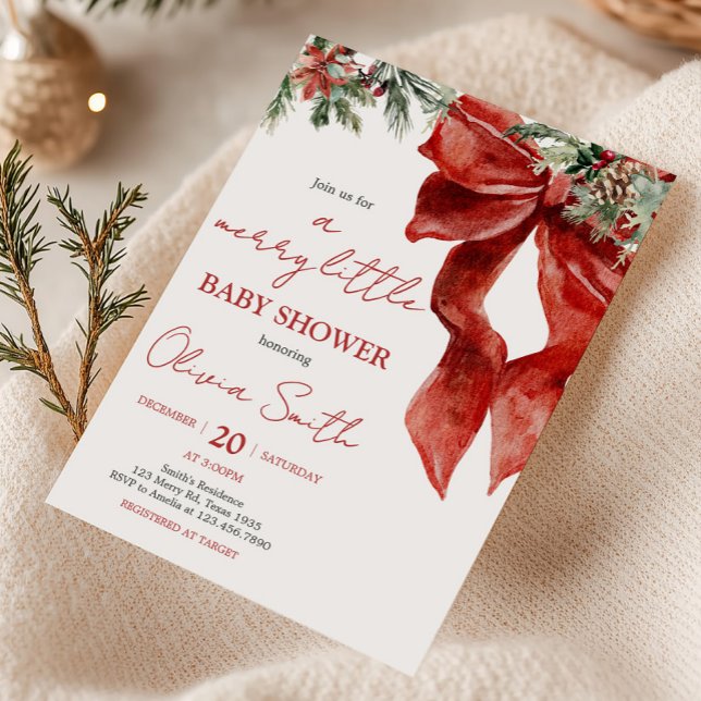 Merry Little Christmas Baby Shower Invitation (Red Bow Merry Little Christmas Baby Shower Invitation)