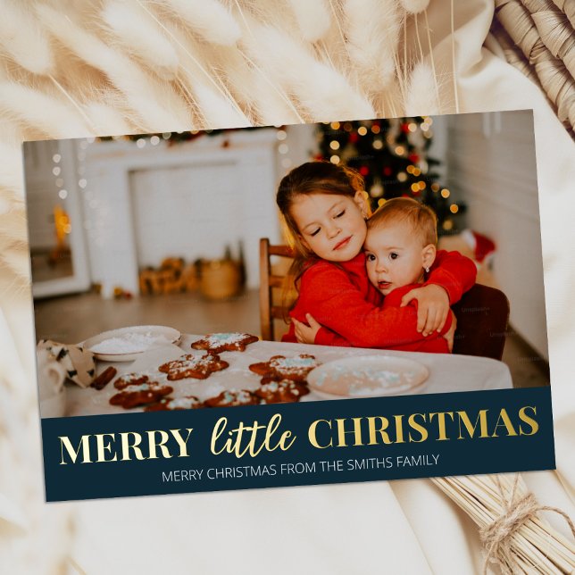 Merry Little Christmas Blue Gold Modern Photo Foil Holiday Card (Creator Uploaded)