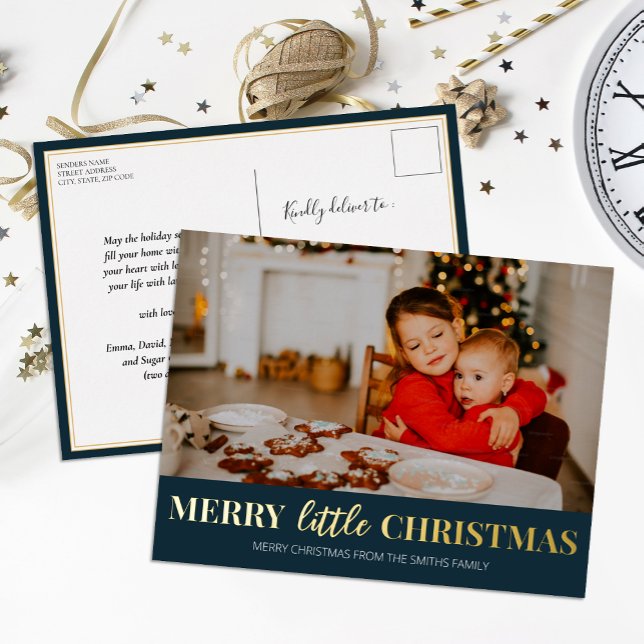 Merry Little Christmas Blue Gold Modern Photo Foil Holiday Postcard (Creator Uploaded)