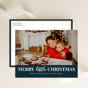 Merry Little Christmas Blue Modern Script Photo Holiday Postcard