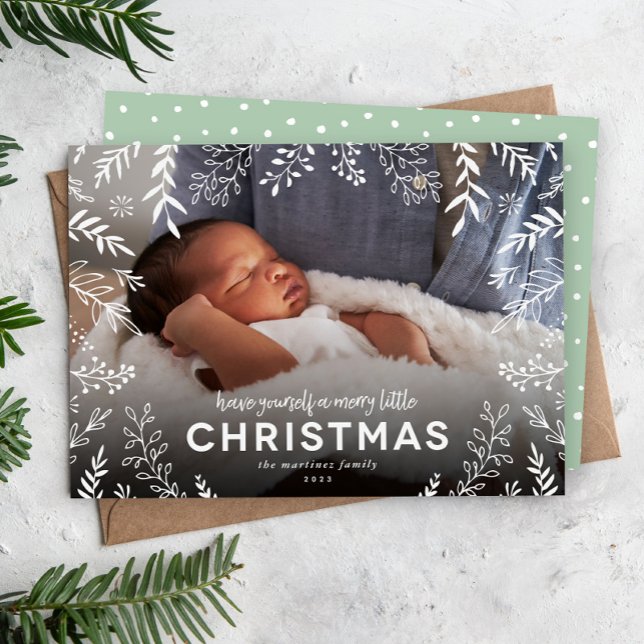 Merry Little Christmas Botanical Overlay Photo Holiday Card (Creator Uploaded)