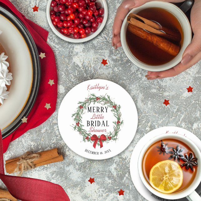 Merry Little Christmas Bridal Shower Round Paper Coaster (Creator Uploaded)