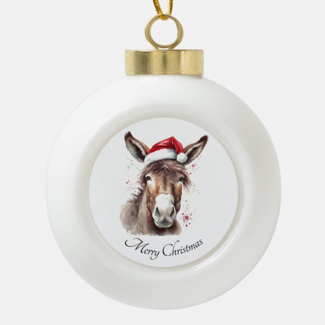 Merry Little Christmas Donkey, custom Ceramic Ball Christmas Ornament (Front)