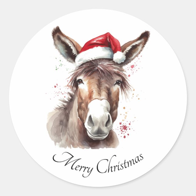 Merry Little Christmas Donkey, custom Classic Round Sticker (Front)
