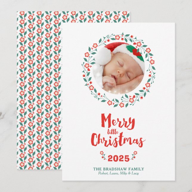 Merry Little Christmas Floral Frame Christmas Card (Front/Back)