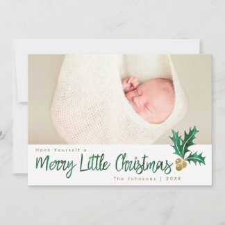 Merry Little Christmas Green Gold Holly Watercolor Holiday Card
