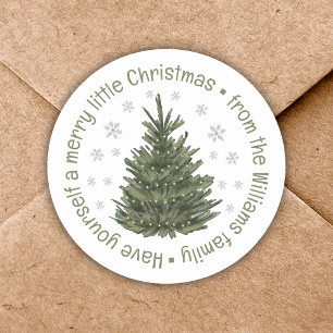 merry little Christmas, holiday tree family name Classic Round Sticker