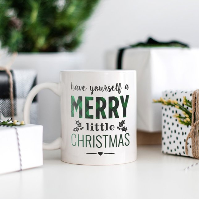 Merry Little Christmas Modern Green Buffalo Plaid Two-Tone Coffee Mug (Creator Uploaded)