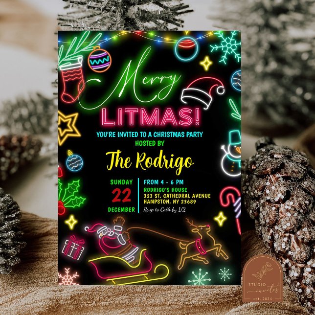 Merry Little Christmas Neon Santa Holiday Party Invitation (Creator Uploaded)