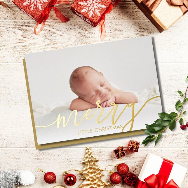 Merry Little Christmas Photo Baby Birth Gold Foil Holiday Card (Creator Uploaded)