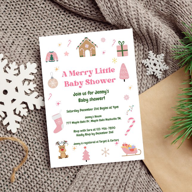 Merry Little Christmas Pink Baby Shower  Invitation (Creator Uploaded)
