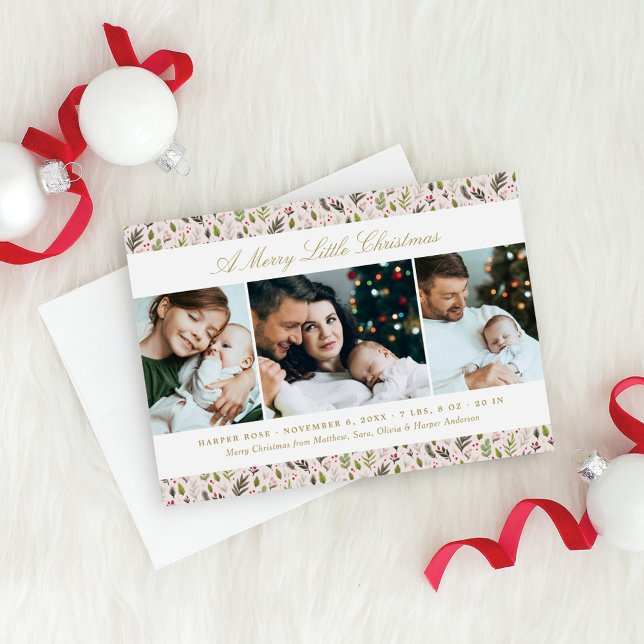 Merry Little Christmas Pink Floral Photo Collage Holiday Card (Creator Uploaded)