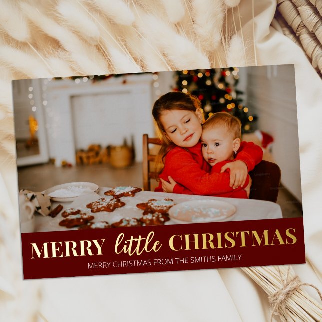 Merry Little Christmas Red Gold Modern Photo Foil Holiday Card (Creator Uploaded)