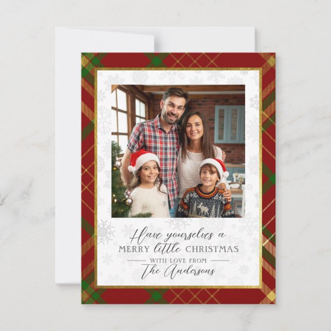 Merry Little Christmas | Red & Gold Tartan Photo Holiday Card (Front)
