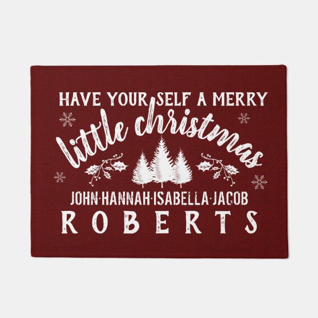Merry Little Christmas Rustic Pine Custom Burgundy Doormat (Front)