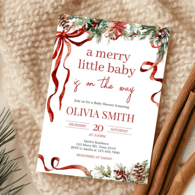 Merry Little Christmas Santa Baby Shower Invitation (Red Bow Merry Little Christmas Baby Shower Invitation)