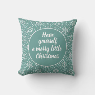 Merry Little Christmas Teal White Snowflakes Cushion