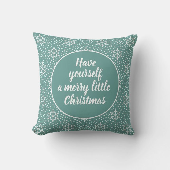 Merry Little Christmas Teal White Snowflakes Cushion (Front)