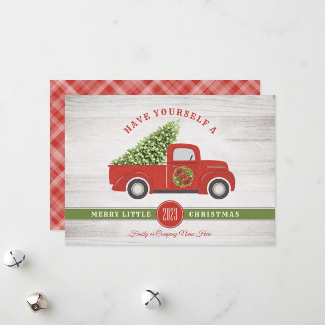 Merry Little Christmas Truck Tree Plaid Company Holiday Card (Front/Back In Situ)