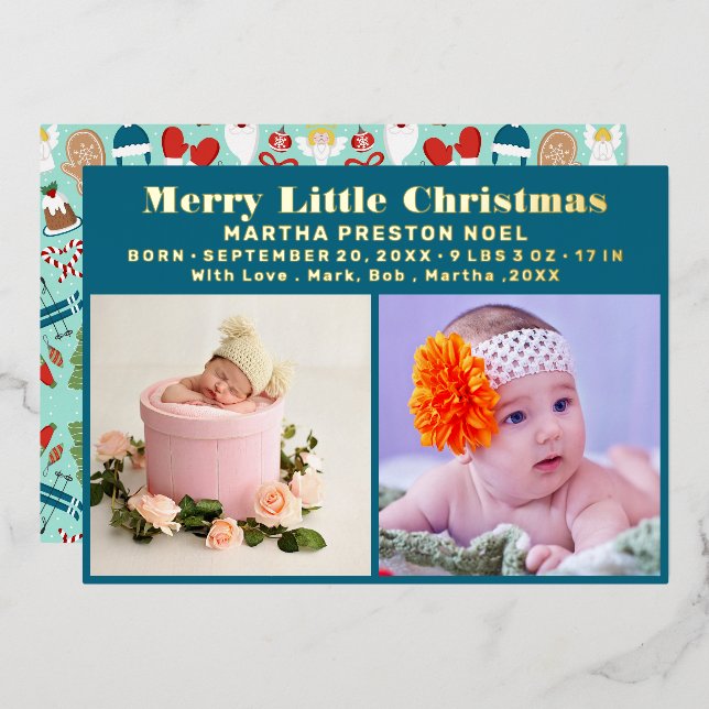 Merry Little Christmas Typography 3 Photo Birth Foil Holiday Card (Front/Back)