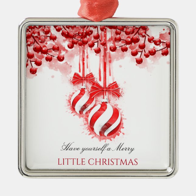 Merry Little Christmas Watercolor Splash Metal Ornament (Front)
