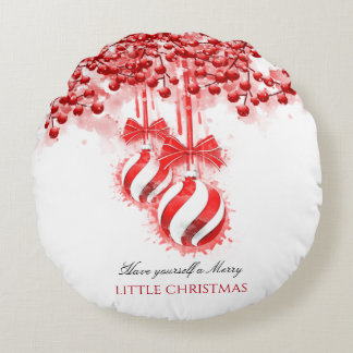 Merry Little Christmas Watercolor Splash Round Cushion