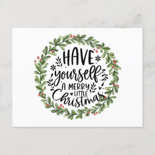 Merry Little Christmas Watercolor Wreath Holiday Postcard