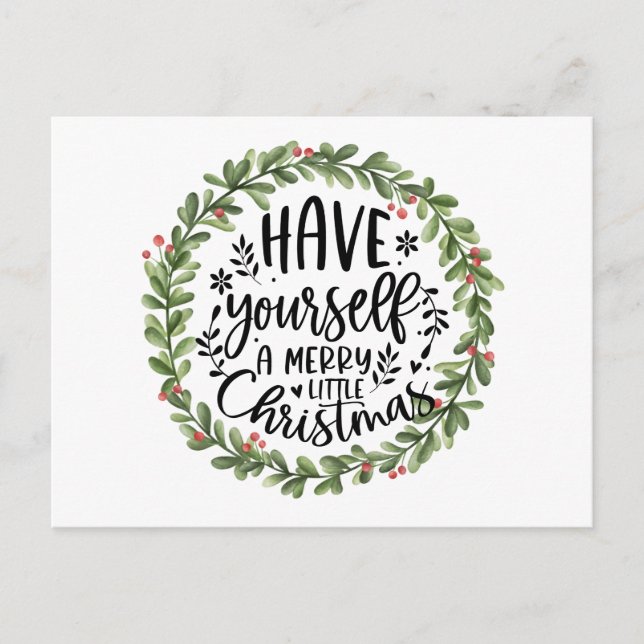 Merry Little Christmas Watercolor Wreath Holiday Postcard (Front)