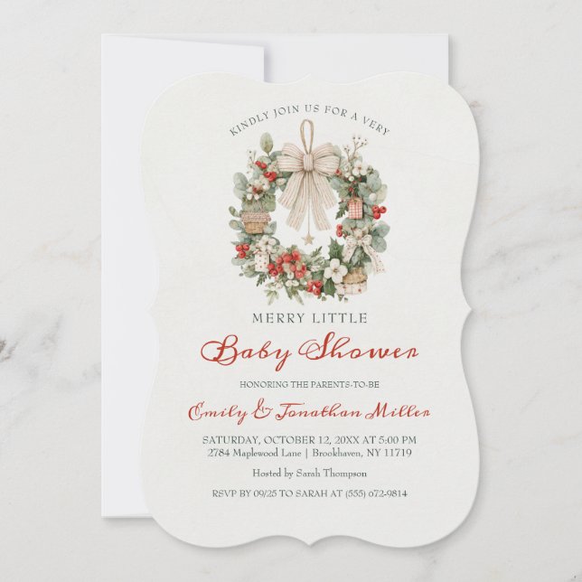 Merry Little Christmas Wreath Bow Baby Shower Invitation (Front)