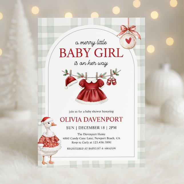 Merry Little Girl Goose Christmas Baby Shower Invitation (Creator Uploaded)