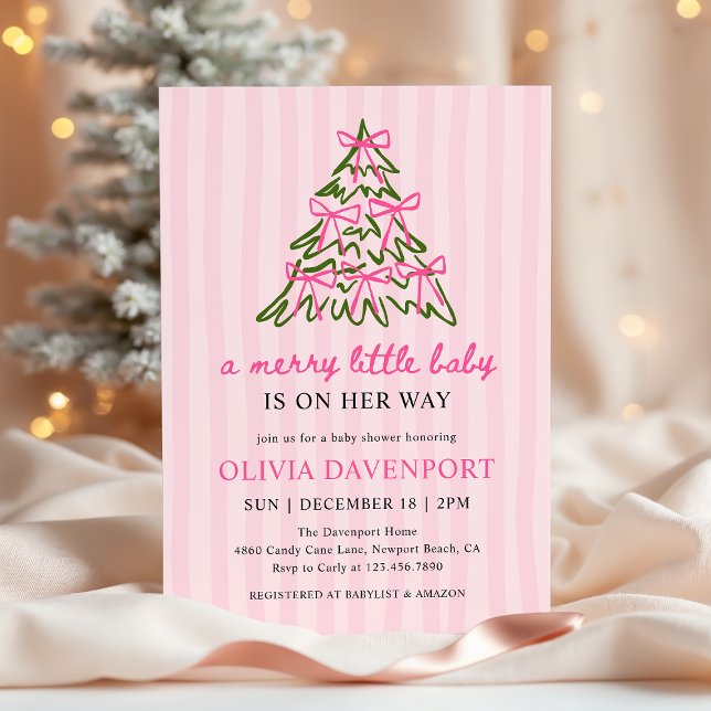 Merry Little Pink Bow Christmas Girl Baby Shower Invitation (Creator Uploaded)