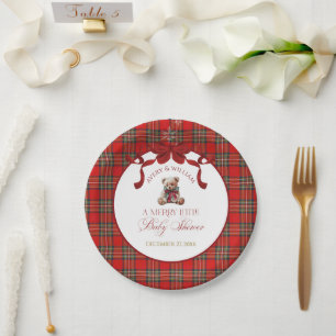 Merry Little Red Bow Christmas Plaid Paper Plate
