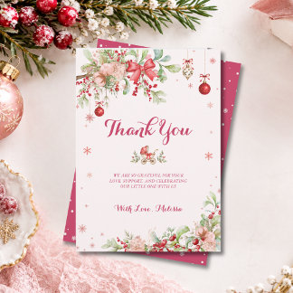 Merry Little Red Bow Winter Christmas Baby Shower Thank You Card