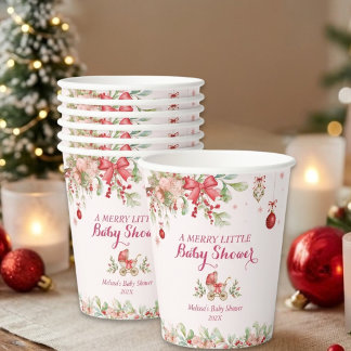 Merry Little Winter Christmas Red Bow Baby Shower Paper Cups