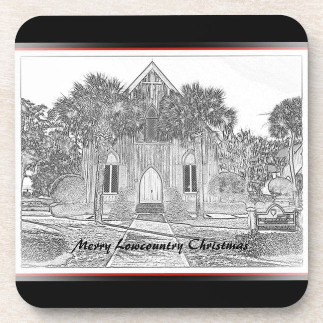 Merry Lowcountry Christmas Bluffton Church Sketch Coaster (Front)