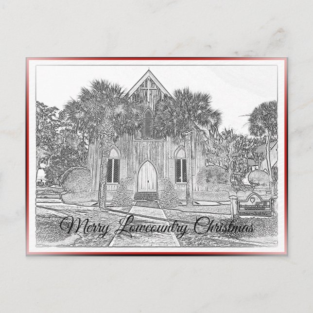 Merry Lowcountry Christmas Bluffton Church Sketch Holiday Postcard (Front)