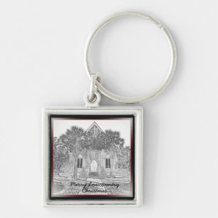 Merry Lowcountry Christmas Bluffton Church Sketch  Key Ring