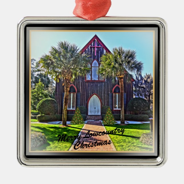 Merry Lowcountry Christmas Bluffton SC Church Metal Ornament (Front)