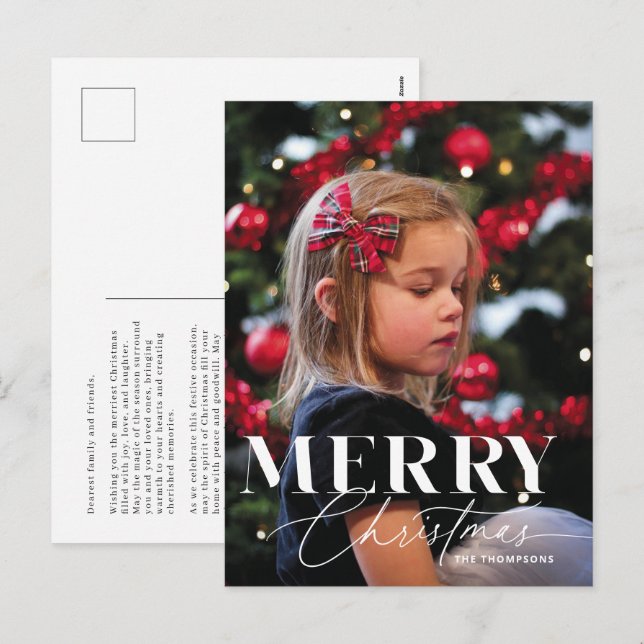 Merry Magic Script Serif Christmas Portrait Photo Holiday Postcard (Front/Back)