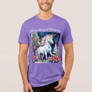 Merry Magical Christmas Unicorn & Christmas Trees Tri-Blend Shirt