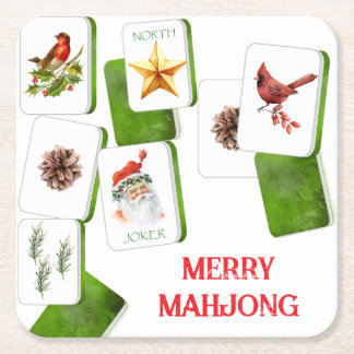 Merry Mahjong Christmas Tiles Square Paper Coaster