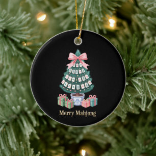 Merry Mahjong Christmas Tree Tiles Gifts Pink Bow Ceramic Ornament