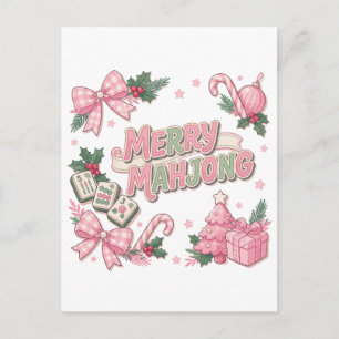 Merry Mahjong Pink Bow Christmas Cute Game Invitation Postcard