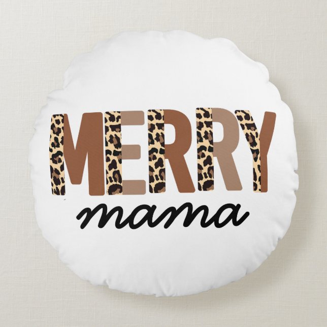 "Merry Mama" Modern Colour Block Leopard Boho Round Cushion (Front)