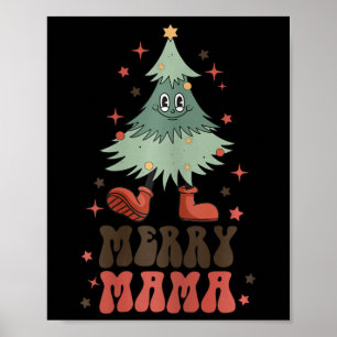 Merry Mama Retro Christmas Tree Face Groovy Matchi Poster