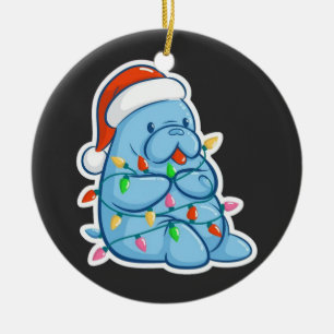 Merry Manatee Christmas Sea Cow Santa Hat Xmas Ceramic Ornament