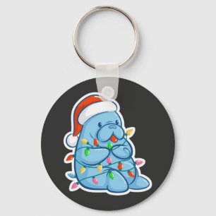 Merry Manatee Christmas Sea Cow Santa Hat Xmas Key Ring